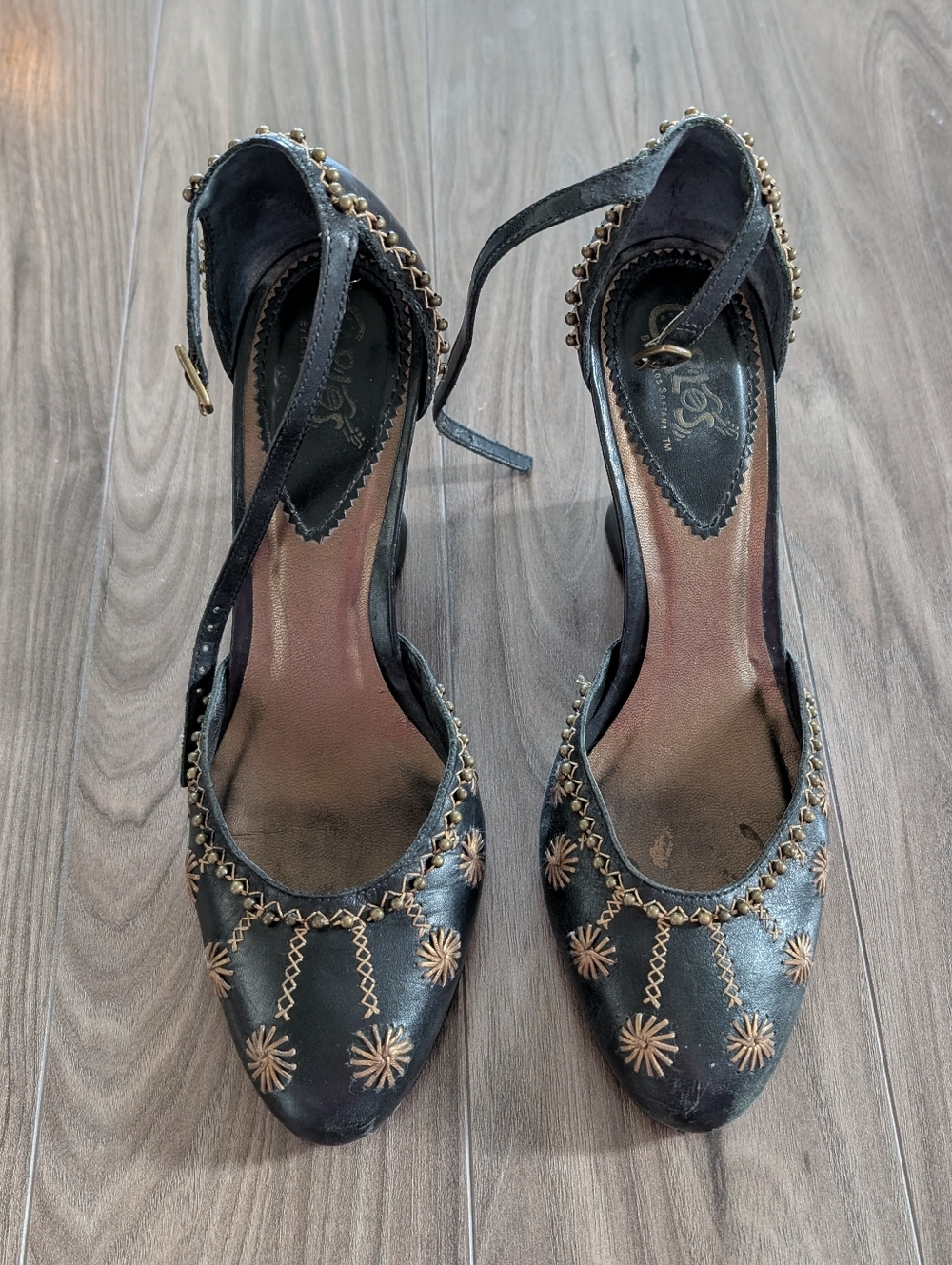Carlos Black Embroidered Women's Strap Block Wedge Heels (Size 7.5) - Picture 3 of 15